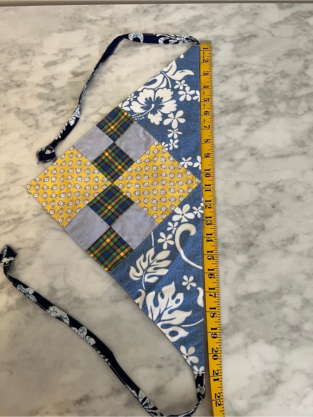 Handmade Kids Aloha Cotton Patchwork Headscarf in Blue and Yellow. 21x15”, 52” L - Picture 3 of 6
